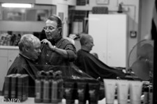 At the barbers, Auckland City, Queen St, black and white